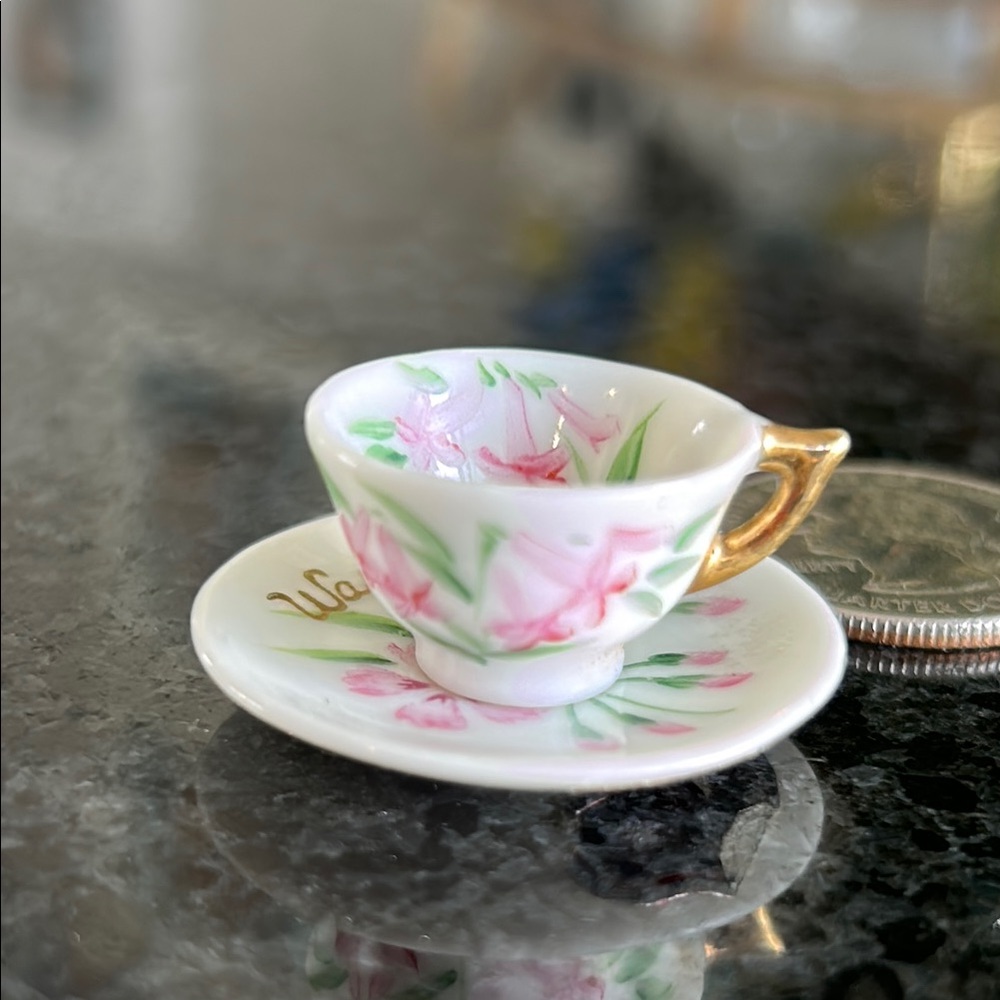 Miniature WashingtonTeacup and Saucer with Pink Floral Design & gold accents